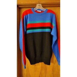 Vintage 70s 80s Meister Sweater Red Blue green Black Stripes 21 X 27 X 25 Mol